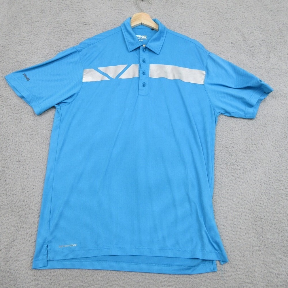 Ping Golf Shirt Mens M Blue Silver Geo Print Polo Casual Golfing Performance